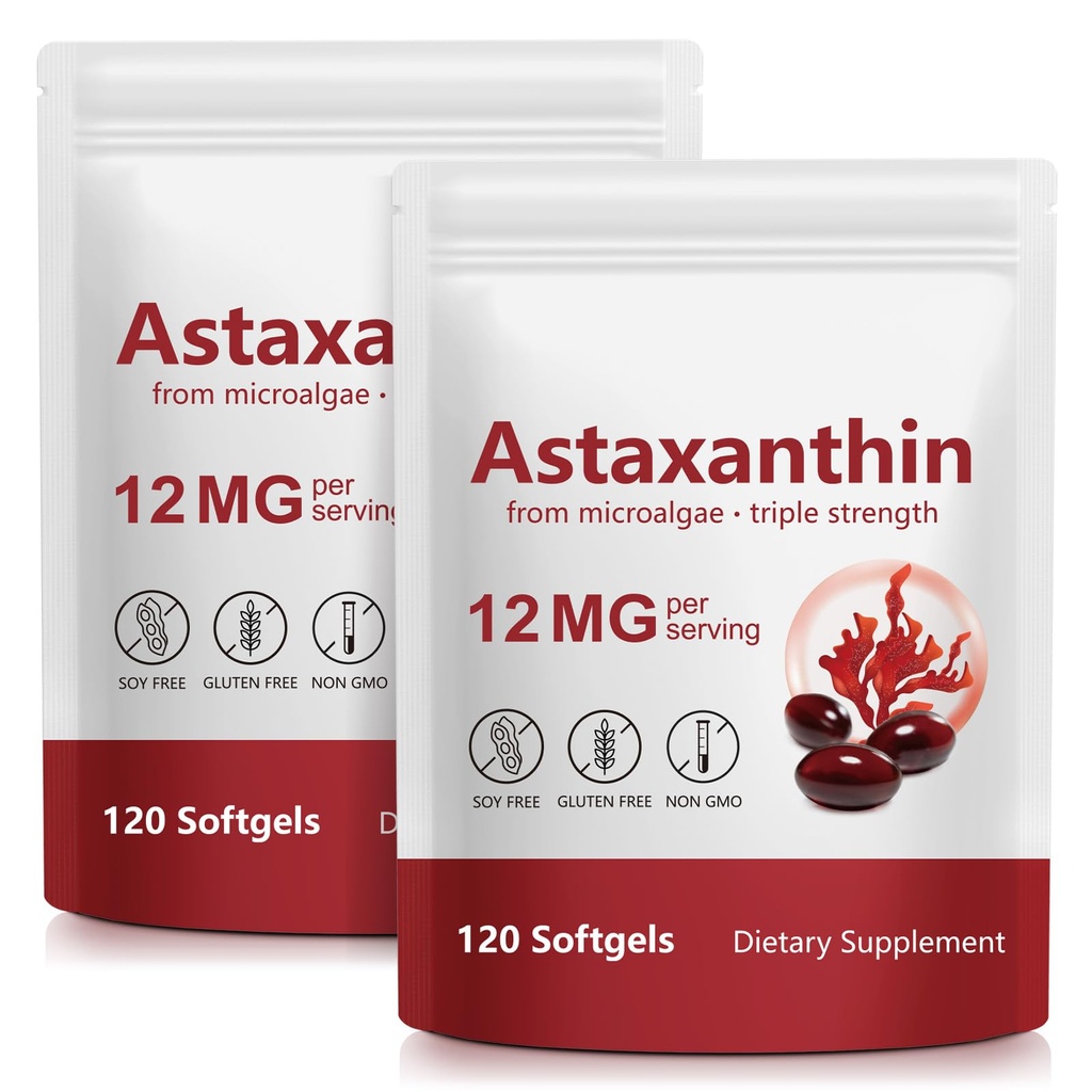 ITSDAWN Astaxantina 12mg 2 Pack, suplemento antioxidante para olho, suporte da pele, fonte natural de microalgas, 240 Softgels