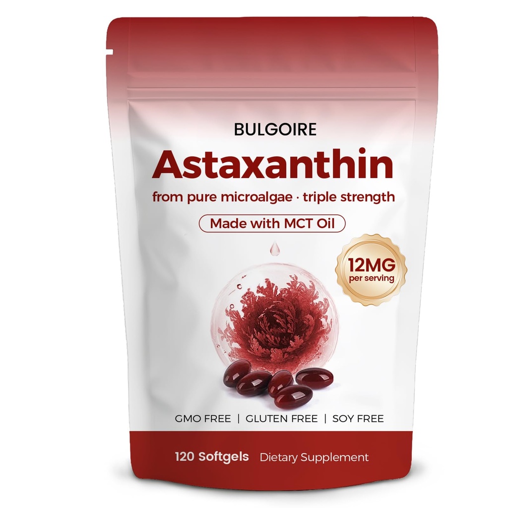 Astaxantina 12mg com MCT Oil – 120 Softgels, Suplementos Orgânicos Premium Astaxantina, para rins, olhos e pele, fonte natural de microalgas, força tripla, não-GMO e sem glúten (Pacote de 1)