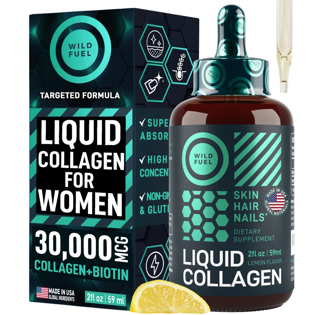 PEPTÍDEOS DE Colágeno Líquido WILD FUEL com Vitaminas de Biotina para Pele e Unhas - 30.000mcg Colágeno Líquido para Mulheres e Homens Plus Biotina - Flavor de Limão, até 2 meses - 2 onças