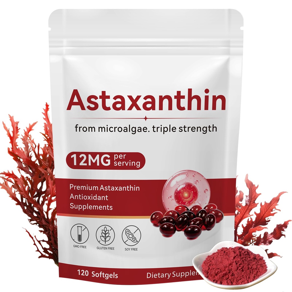 Astaxantina 12mg, 120 Softgels, Suplementos Antioxidantes Premium Astaxantina com Atividade Antioxidante, Suporta Olho, Saúde da Pele, Imune, Circulação Interna
