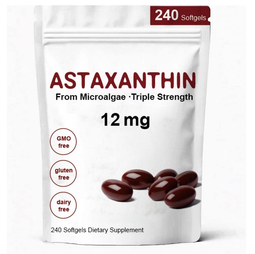 Astaxantina 12mg, Suplementos Antioxidantes Premium Astaxantina com Atividade Antioxidante, Suporta Olho, Imune, Saúde da Pele, Circulação Interna-240 Softgels