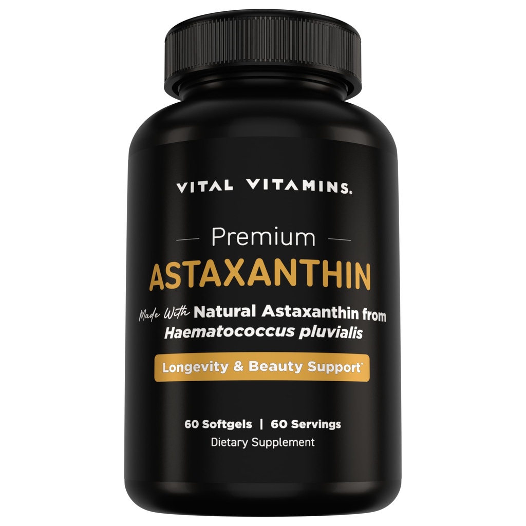 Vitaminas Vitais Astaxantina 12mg Softgels - Feito com Astaxantina Natural - Suplemento para promover a hidratação da pele, Elasticidade - Defende células contra danos diários - Vegan, Made in the USA - 60 Gels macios