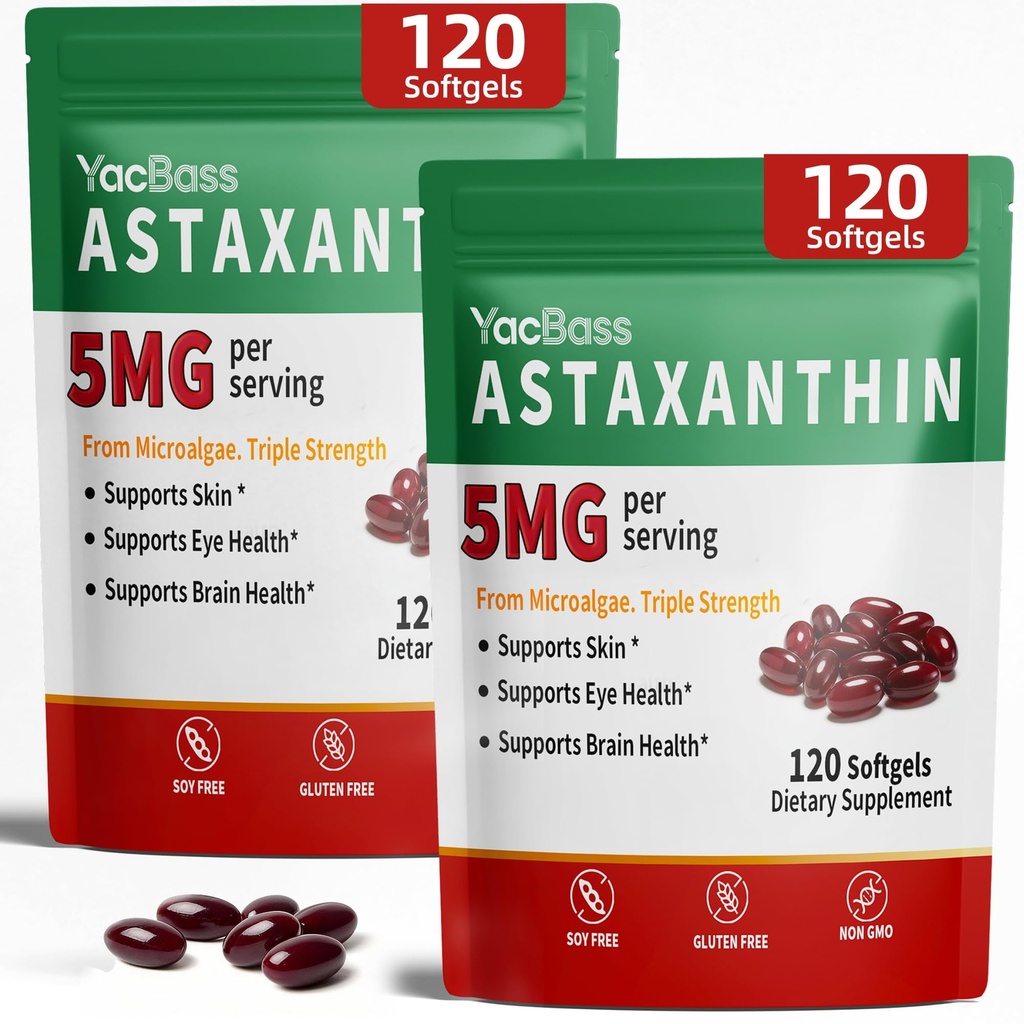 Suplementos 2Pack Astaxantina 12mg - Astaxantina Premium para Olho, Cérebro, Pele e Imune Suporte, Fonte de Microalgas, 240 Softgels