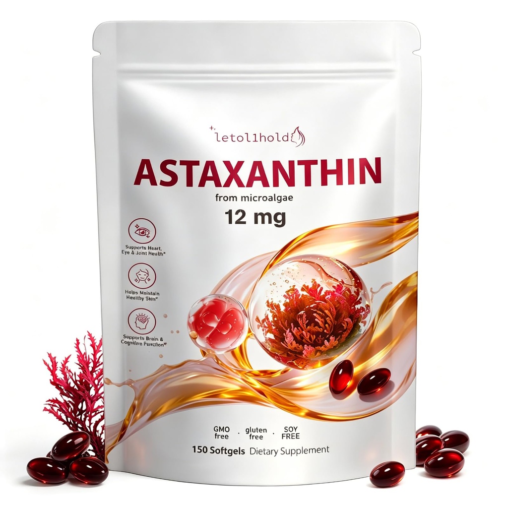 Astaxantina 12mg, 150 Softgels - 5 Mês de Fornecimento, Suplementos Astaxantina Fonte de Microalgas Frescas, Não-GMO, Glúten Livre, Fácil de Engolir