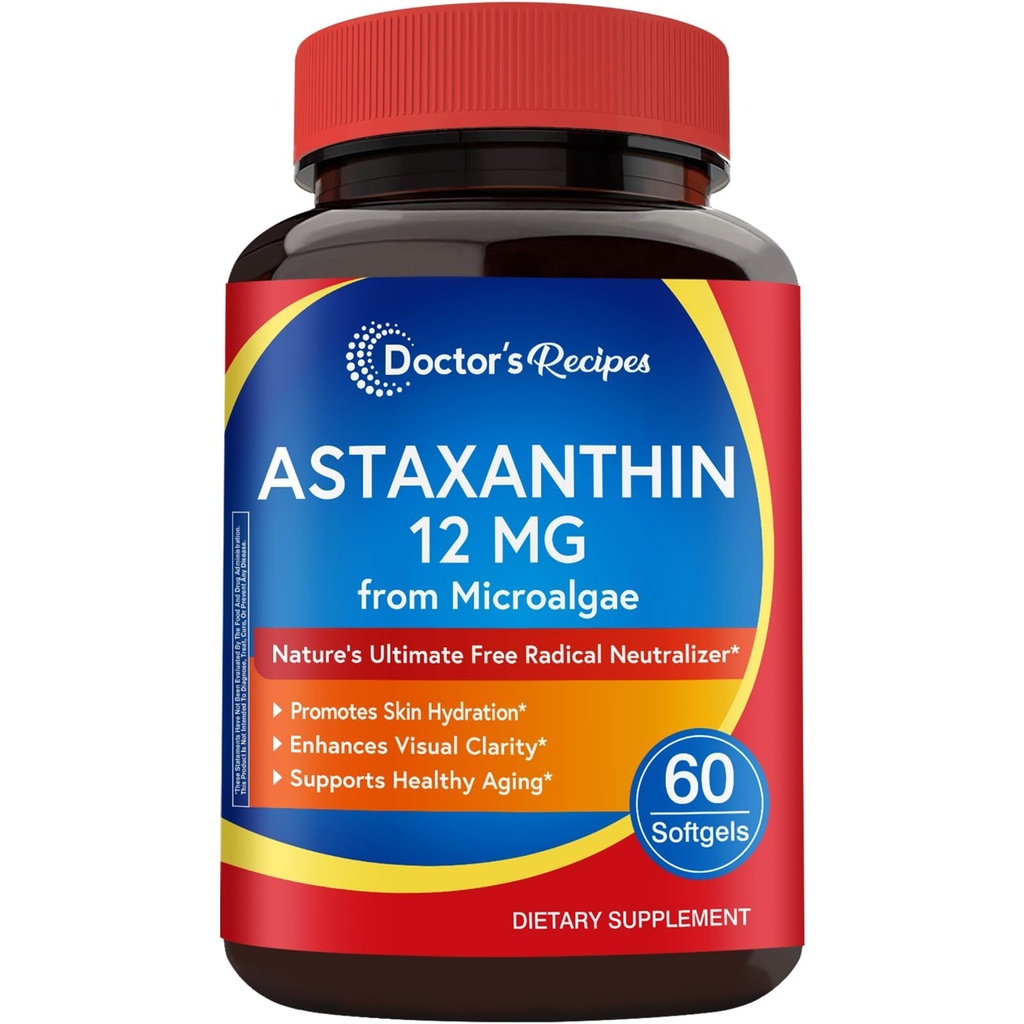 Receitas médicas Astaxantina 12 mg, de Fresh Premium Microalgas, força máxima, sem glúten, não-GMO, Suporta a pele, olho, osso e saúde do sistema imunológico, 60 Softgels