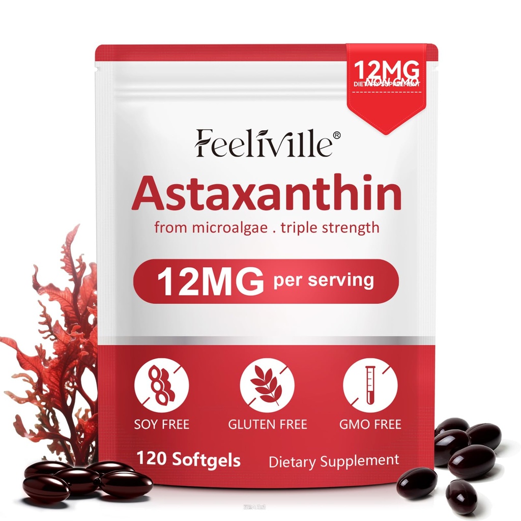 Astaxantina 12mg, 120 Softgels, Fornecimento de 4 Meses, Suplementos Antioxidantes Premium Astaxantina, Fonte de Microalgas Frescas, Suporta Olho, Junta, Circulação Interna, Saúde da Pele