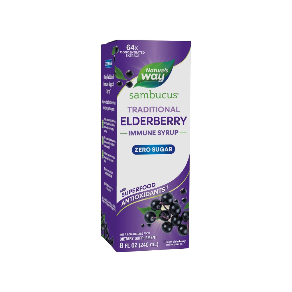 Maneira da natureza Sambucus Zero açúcar Xarope Imune Tradicional, Extrato de Elderberry preto altamente concentrado, Suporte Imune Tradicional*, Sem açúcar, Berry Flavored, 8 Fl Oz (Pacote de maio Vary)