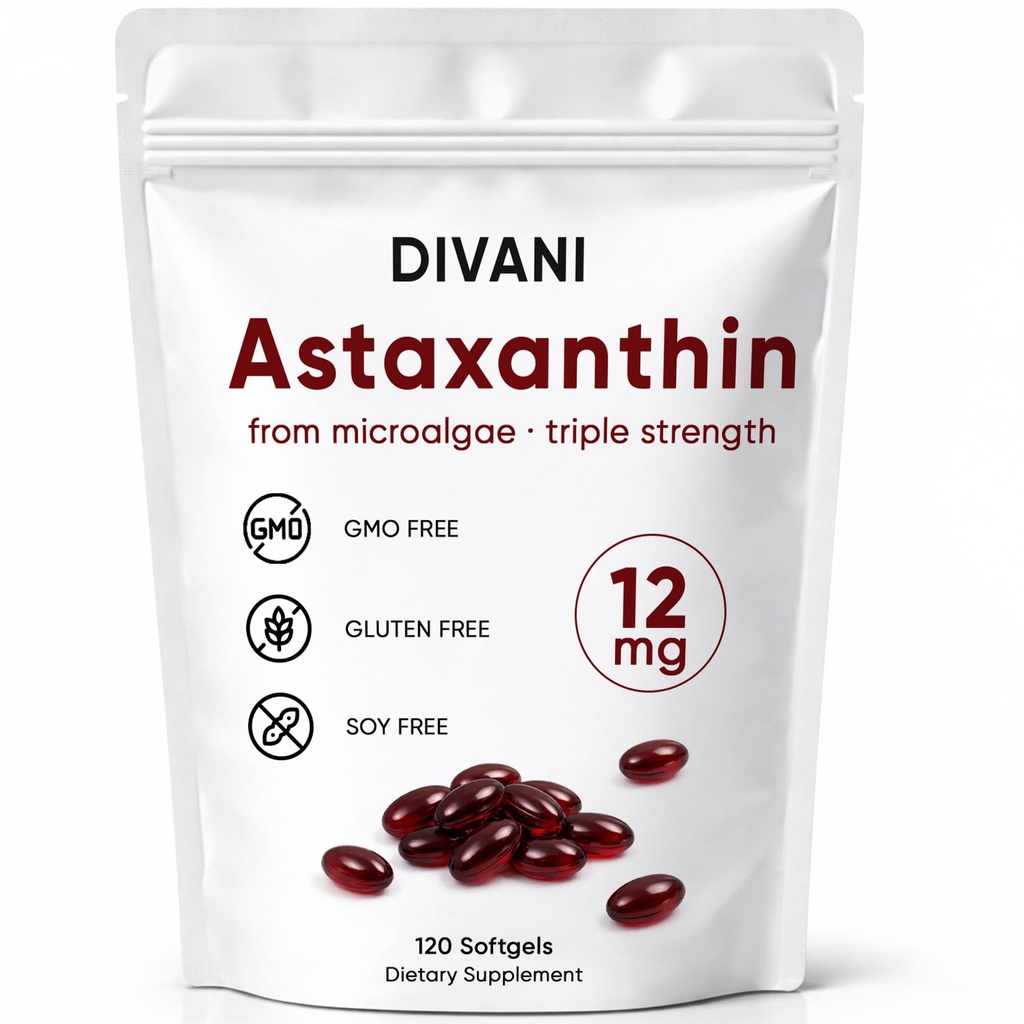 DIVANI Astaxantina 12mg, Suplemento Antioxidante para Bem-Estar Diário, Imune, Eye & Skin Support, Não-GMO, Gluten Free - 120 Softgels