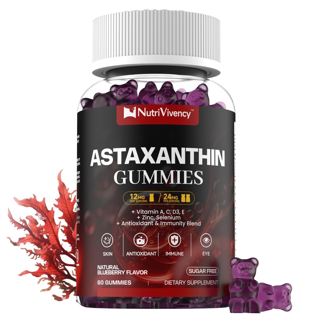 Astaxantina Gummies, 12mg Por Gummy 24mg Max, Suplementos Astaxantina com vitamina A/C/D/E, Resveratrol, 14-IN-1 Antioxidantes Mistura para Mulheres Homens, Pele, Olhos, Suporte Imune, Açúcar Livre, Vegan, 60 Ct