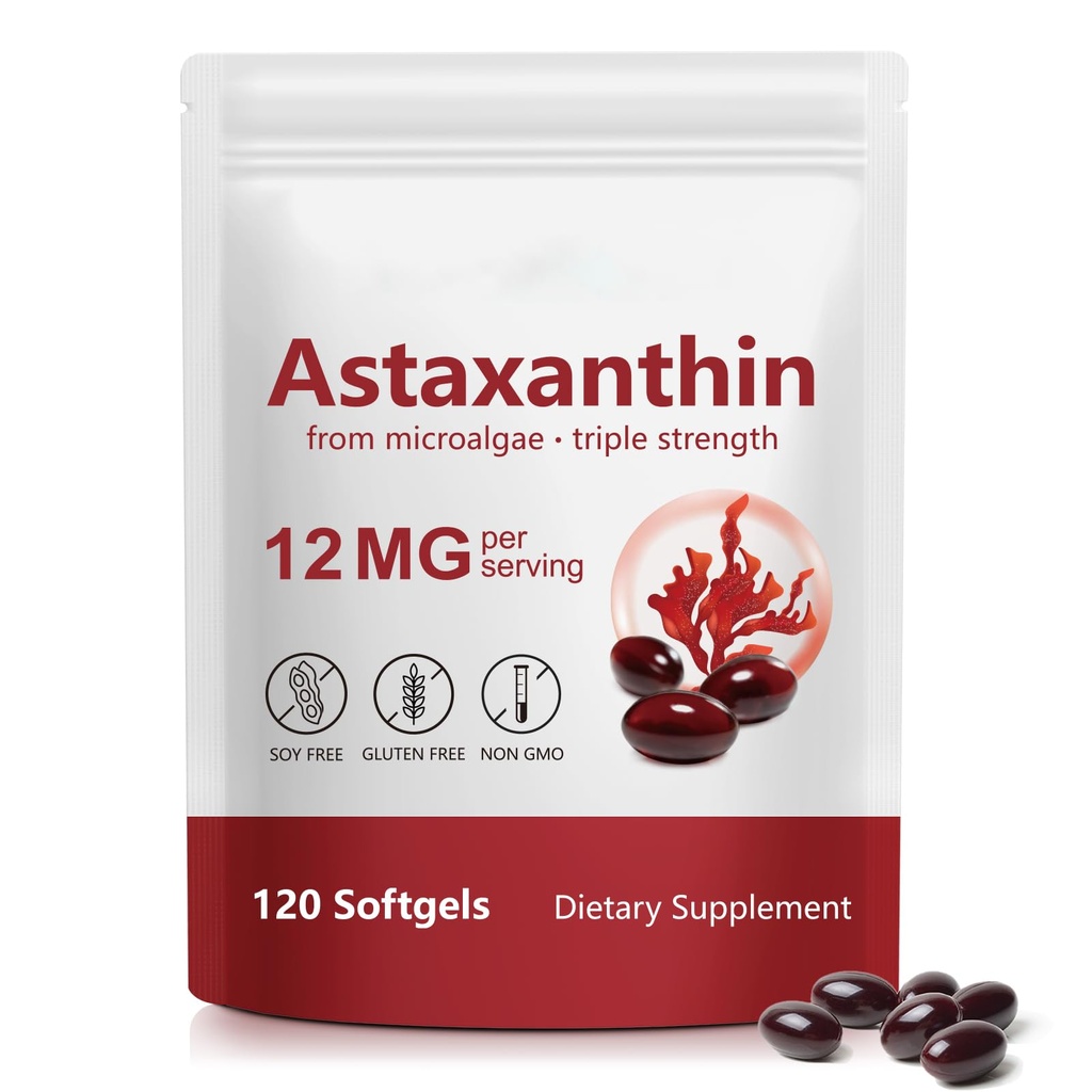 Astaxantina 12mg, 120 Softgels, Fornecimento de 4 Mês - Suplementos Antioxidantes Premium Astaxantina - Suporta Olho, Imune, Conjunto, Saúde da Pele e Circulação Interna, Fácil de Engolir, Não-GMO