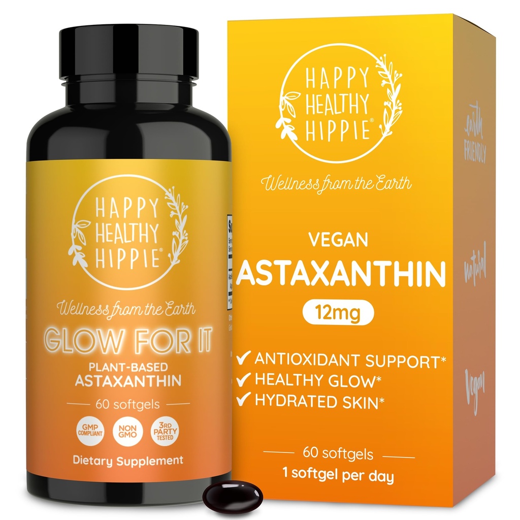 Suplemento de astaxantina 12mg □ Antioxidante Baseado em Plantas para Hidratação da Pele, Elasticidade & Brilho Radiante □ De Extrato de Algas □ Não-GMO, Vegan, Made in USA