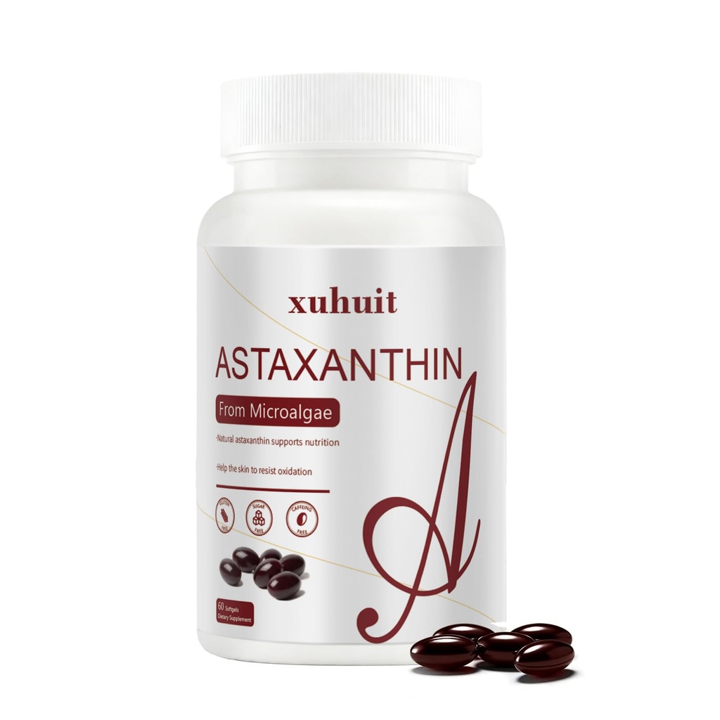 Astaxantina 12mg 60 Softgels, Suplemento Natural Antioxidante de Microalgas, Não-GMO, Soja Livre, Suporta Saúde da Pele, Fácil de Engolir Softgels, 2 Mês de Fornecimento (1)