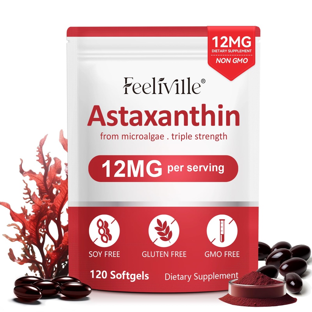 Suplementos Astaxantina, Premium Astaxantina 12mg Antioxidante com atividade antioxidante, Suporta olho, articulação, imune, saúde da pele, circulação interna, 1Pack(120 Softgels), não-GMO e sem glúten
