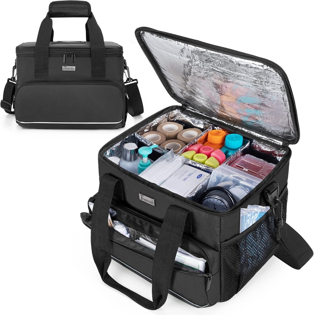 Saco médico isolado de Trunab com dividers ajustável, suprimentos de medicina Bolsa resistente à água para casa, viagem, camping, saco vazio - Design patenteado, preto