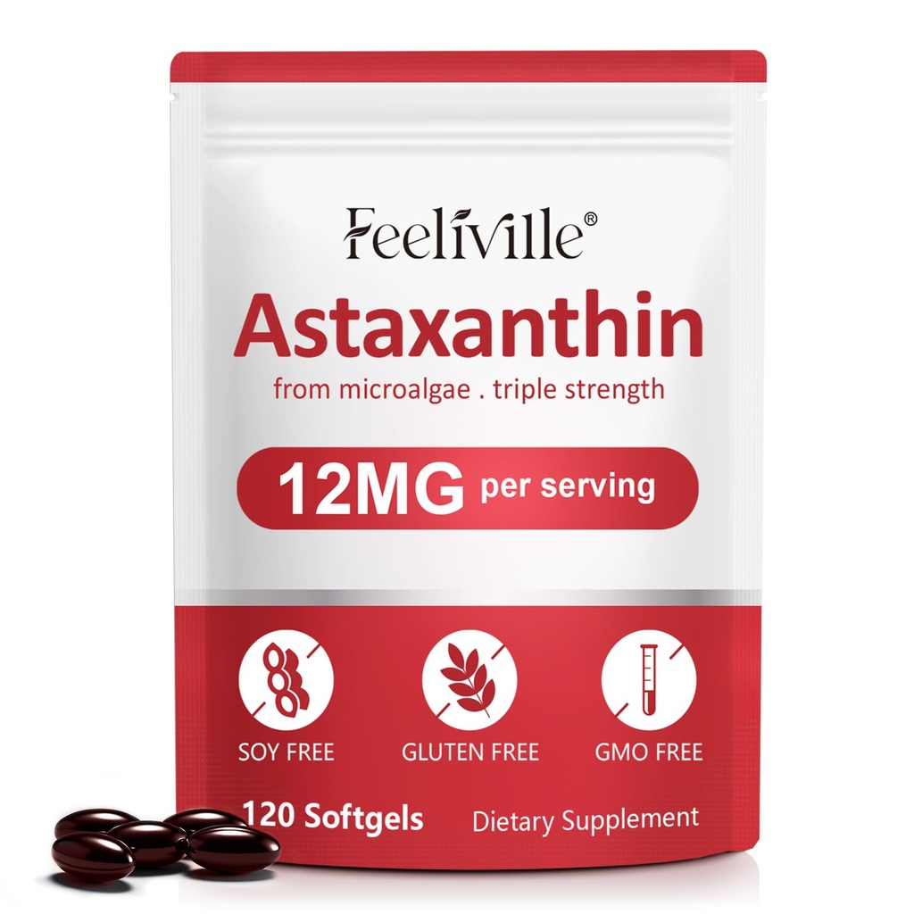 Astaxantina Suplementos, Astaxantina 12mg, 120 Softgels Antioxidante Astaxantina Suplemento para Olho, Pele, Conjunção e Saúde Imune, Suporta Circulação Interna e Saúde do Coração, Não-GMO e Sem Glúten