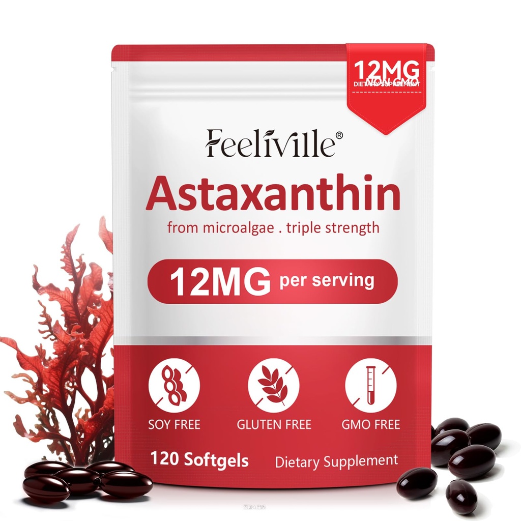 Astaxantina 12mg 120 Softgels, Suplementos Antioxidantes Premium Astaxantina com Atividade Antioxidante, Suporta Olho, Pele, Imune, Circulação Interna