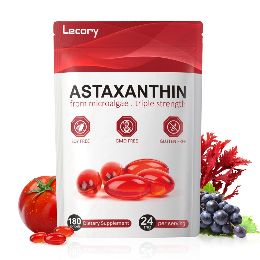 Astaxantina 24mg, 180 Softgels 6 Mês Fornecimento de Antioxidante Premium Força Tripla para Olho, Imune, Pele e Suporte de Circulação