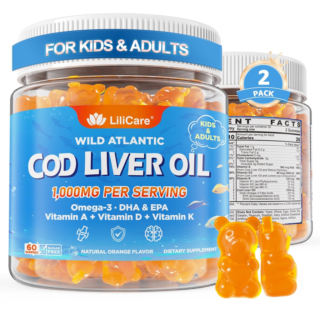 Pastilhas de óleo de fígado de bacalhau 1000mg para Crianças e Adultos - w/Omega 3 (EPA & DHA), Vitaminas A, D3 & K2 - Óleo de fígado de bacalhau Omega 3 Gummies para Imune, Cérebro e Suporte Cognitivo, Açúcar Livre, sabor laranja, 120Cts