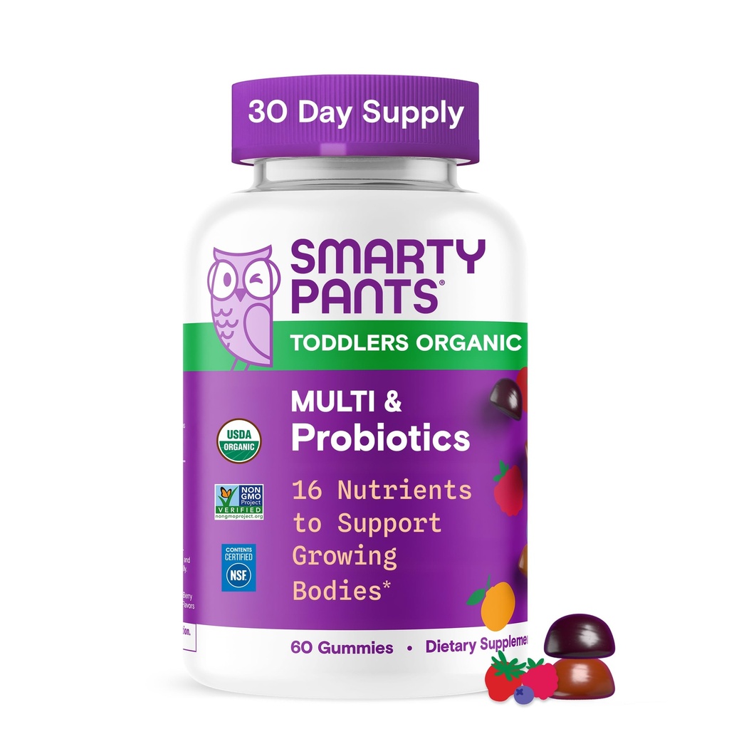SmartyPants Organic Toddler Multivitamin Gummies: Probióticos, Omega 3 (ALA), Vitamina D3, C, Vitamina B12, B6, A, K & Zinc, Beta Carotene, Glúten livre, Três sabores de frutas, 60 contagem (30 dias de fornecimento)