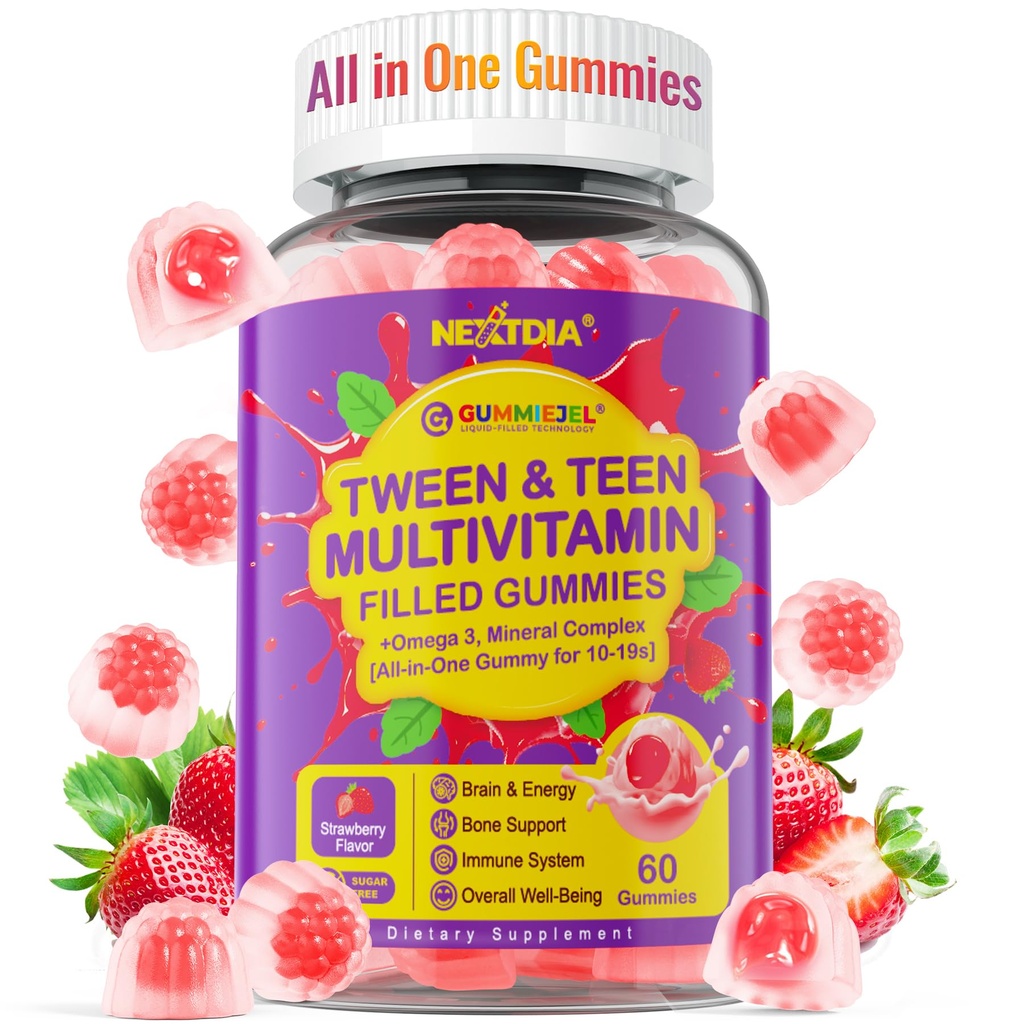 Nextdia Multivitamin Gummies Preenchidos para Adolescentes Meninas 12-17, 18, 19, Crianças 10+ Multivitamin com Omega 3, Cálcio + Magnésio + Zinco, Multi-Minerais para Adolescente 10-19S Cérebro, Osso, Energia, Imune