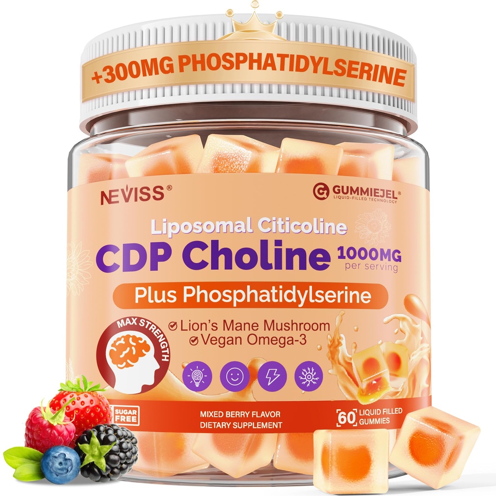 Citicolina 1000mg & Fosfatidilserina 300mg Suplementos CDP Gummies de cholina, Suplemento do cérebro para memória e foco w/ Mane Mushroom do leão, Omega-3, Metilfolato, B6 & B12, Não-GMO, Açúcar Livre,60ct