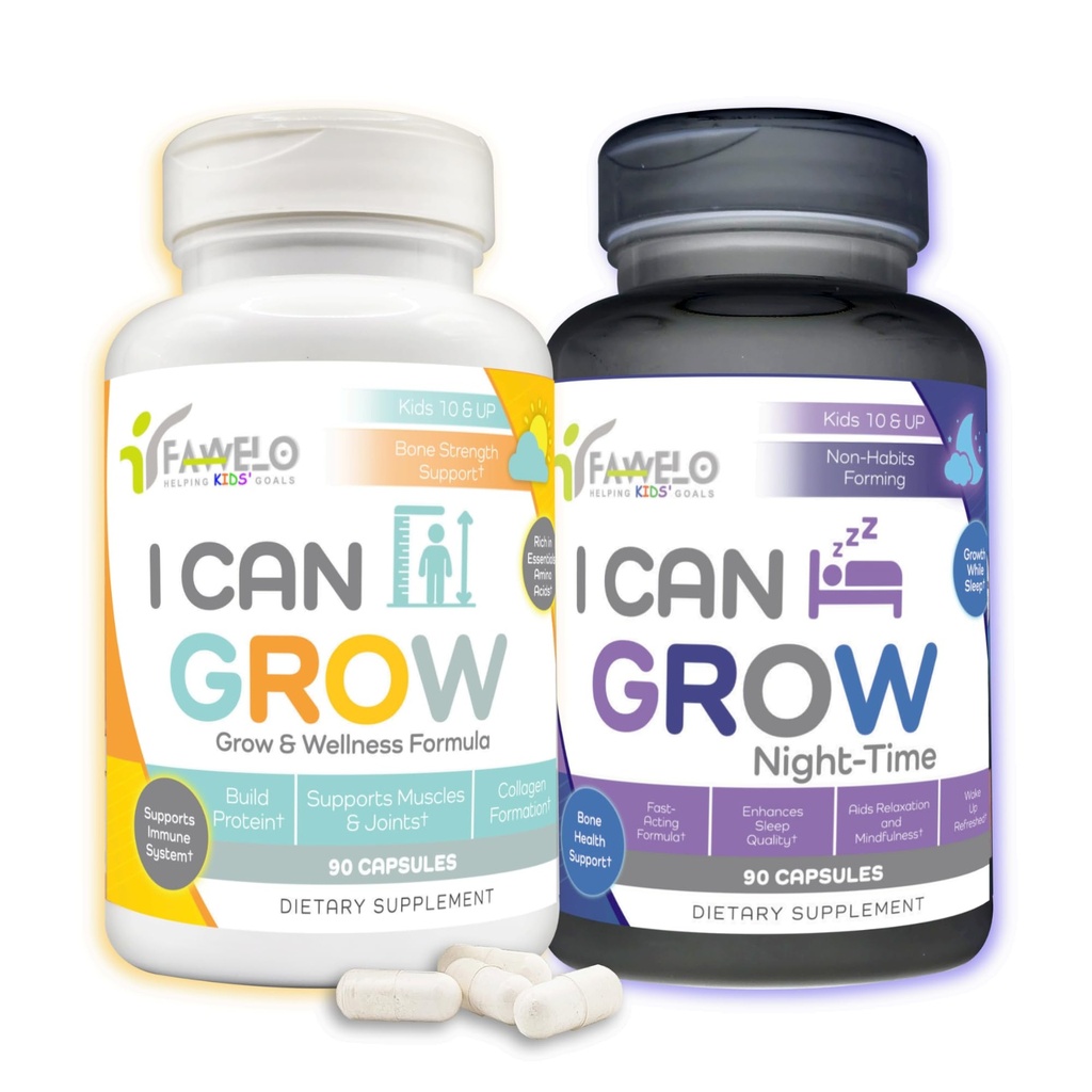 I Can Grow Day & Night Bundle for Kids 10+ & Teens Suporte ao crescimento com L-Arginina, Colostrum, Magnésio