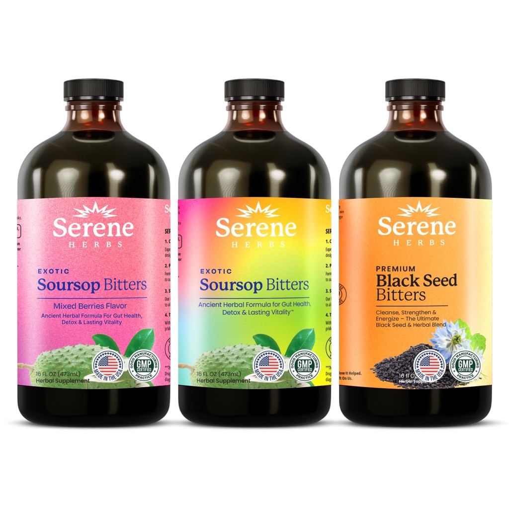 Serene Herbs Soursop Bitters Líquido, Bagas misturadas e sementes pretas Triplo pacote – Ervas orgânicas Guanabana para suporte digestivo e saúde imunológica – Vegan, Não-GMO – 48 oz (16 oz cada), 3 Pack