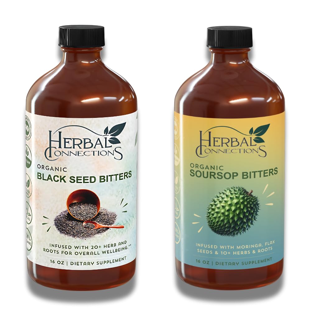 Conexões de ervas Soursop Orgânico & Black Seed Bitters Bundle - Ingredientes naturais baseados em plantas para gentil Detox & Saúde Digestiva Duas Garrafas, 32 Aves (16 Aves cada), 64 Servings