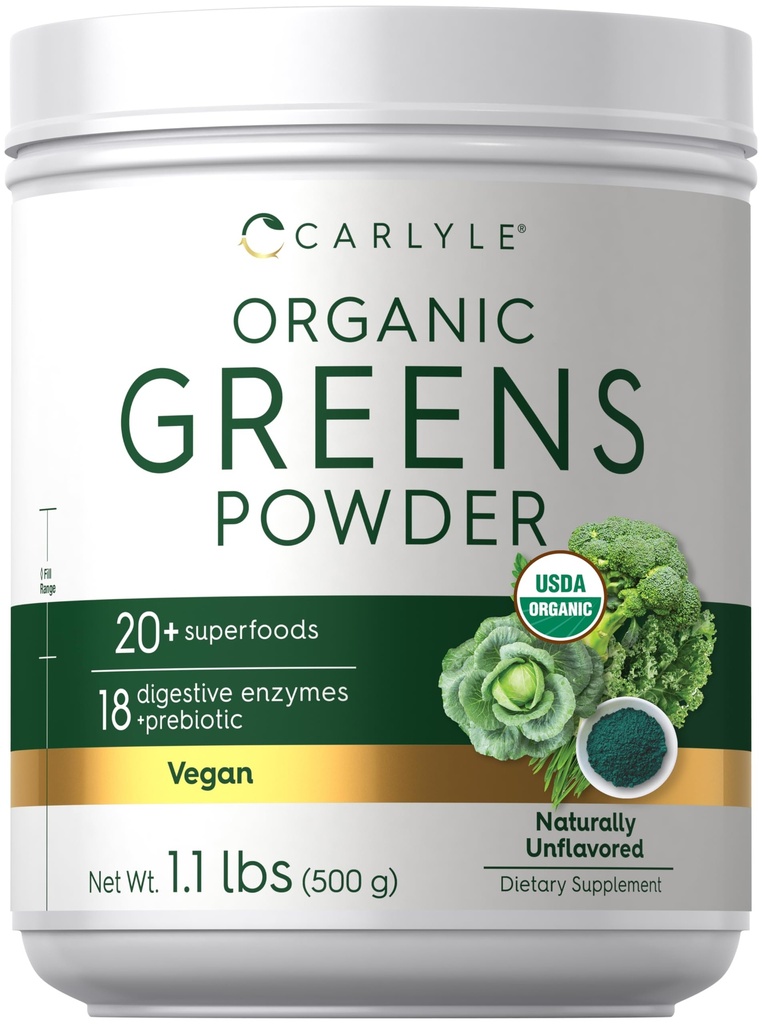 Carlyle Verdes Orgânicos em pó, 17.6 oz Suplemento, alivia gás ocasional, desconforto e inchaço, com 20+ Superalimentos, 18 Enzimas Digestivas, e Prebióticos, Vegan, Não-GMO e Glúten Livre