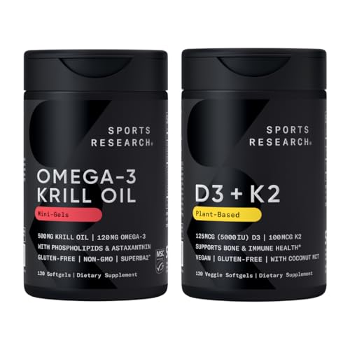 Sports Research® Multivitamin Pack - Omega-3 Krill Oil 500mg w/Choline, Phospholipids & Astaxantina e Vitamina K2 & Vegan D3 5000iu com óleo de coco MCT - Não-GMO · Gluten Free