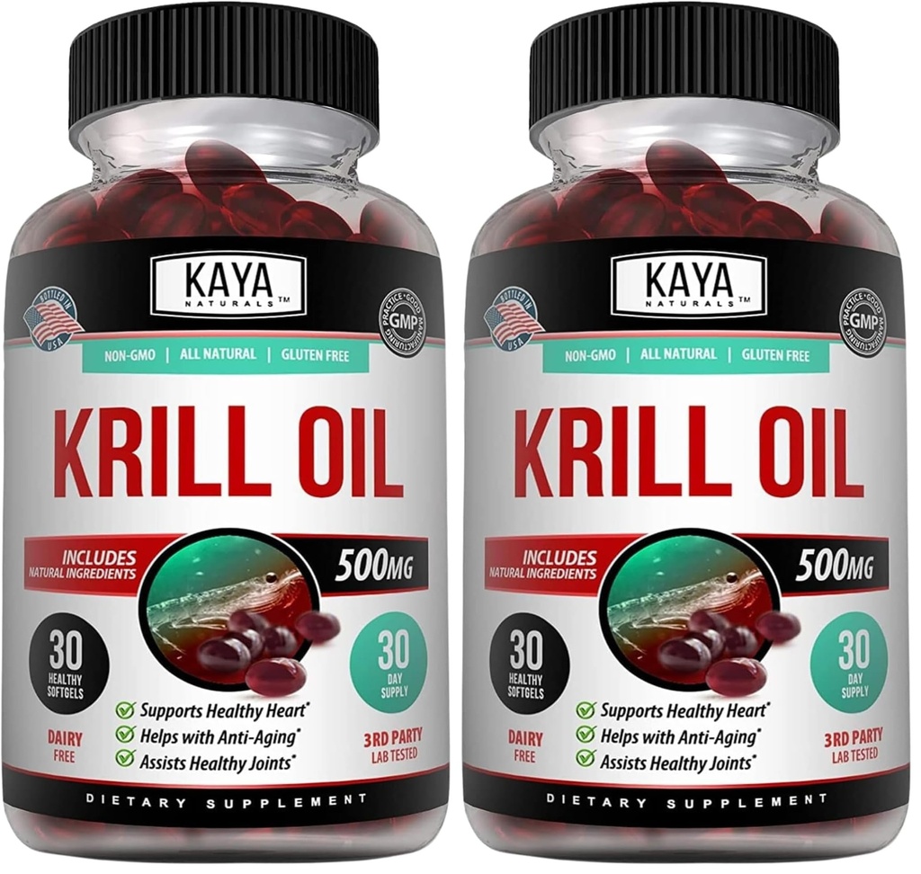 Kaya Naturals - Óleo de Krill Antártico 500mg com Omega 3, EPA, DHA, Phospholipids & Astaxantina Suplemento - Cérebro & Saúde Vitamina - Anti envelhecimento Suplemento - 30 Count Softgels (Pack of 2)