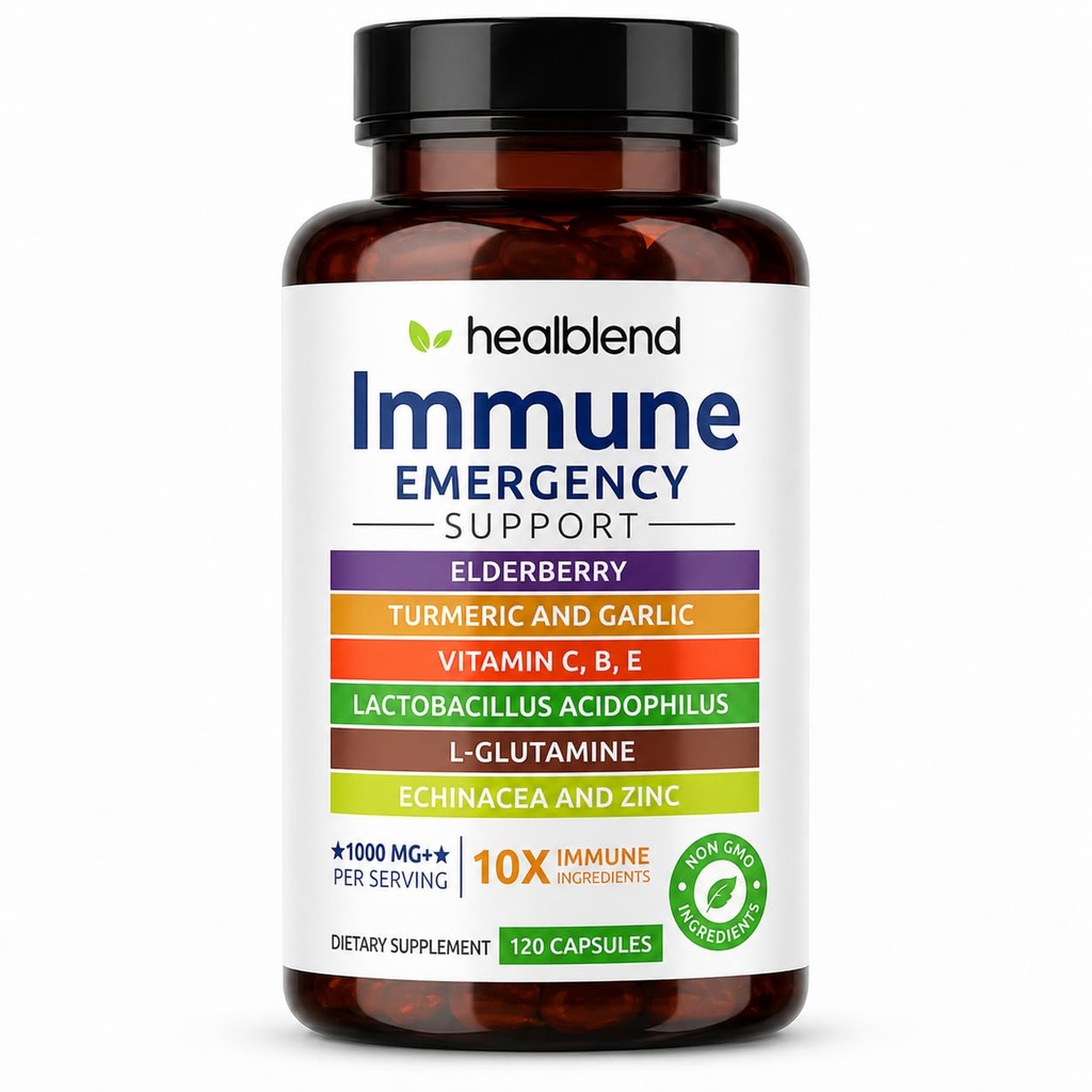 healblend 10 em 1 Immune Support Supplement Booster with Elderberry, Zinc, Echinacea, Turmeric, Lactobacillus Acidophilus, para Adultos [120 Cápsulas]