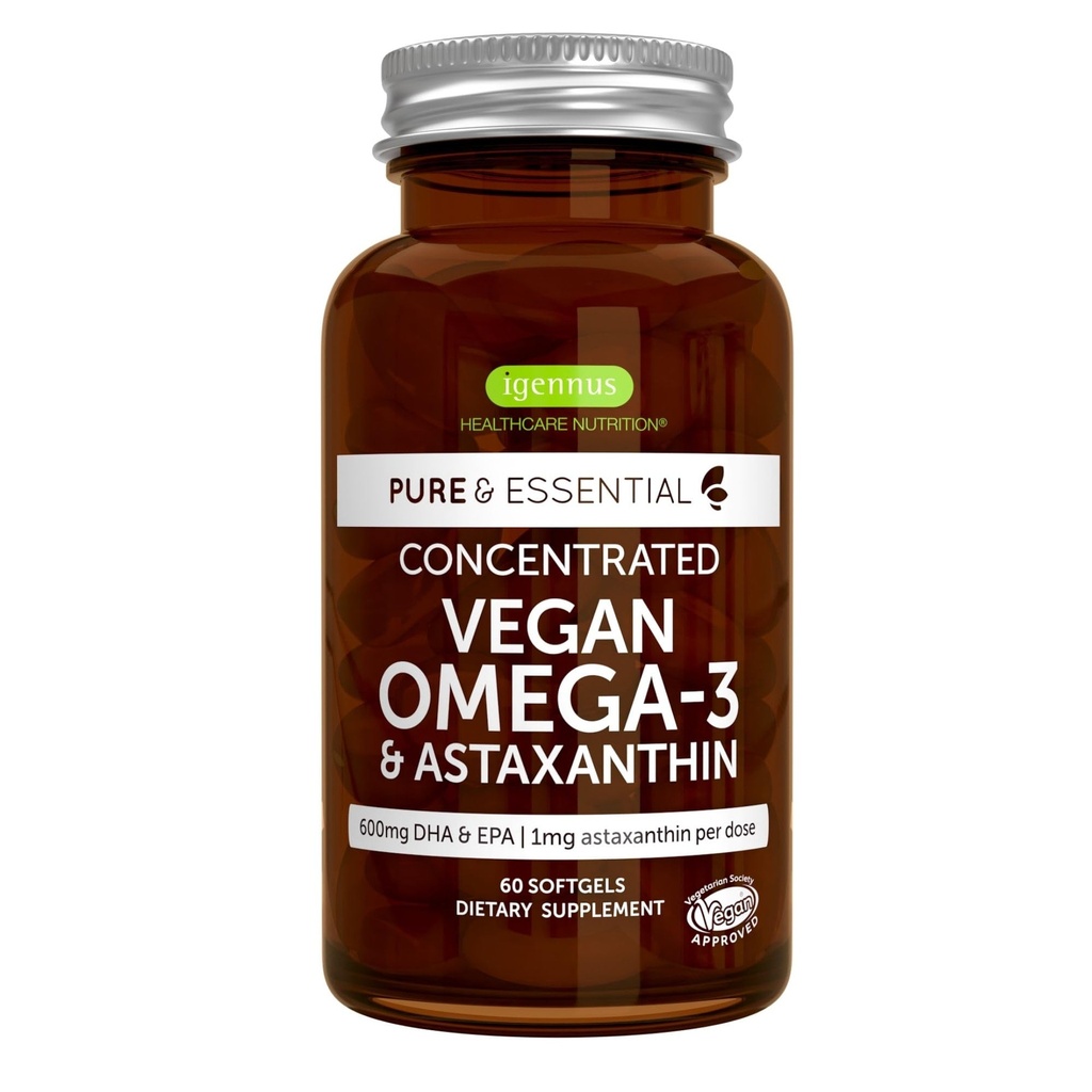 Igennus Vegan Omega-3 Óleo de Algas Natural, DHA & EPA, Certificado Puro, Suplemento de Ácido Gordo Baseado Planta, com Astaxantina Antioxidante, 60 Pequenos Softgels, 2 por dia, 30 Servings