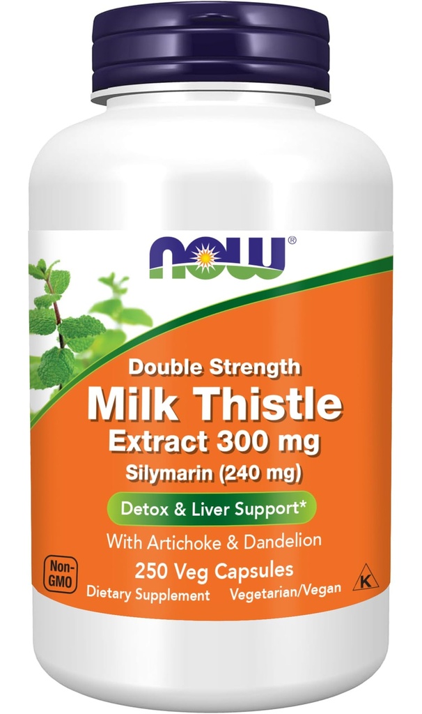 Now Foods Supplements, Silymarin Milk Thistle Extract 300 mg com alcachofra e dente-de-leão, dupla força, suporta a função hepática*, 250 cápsulas de Veg (1)