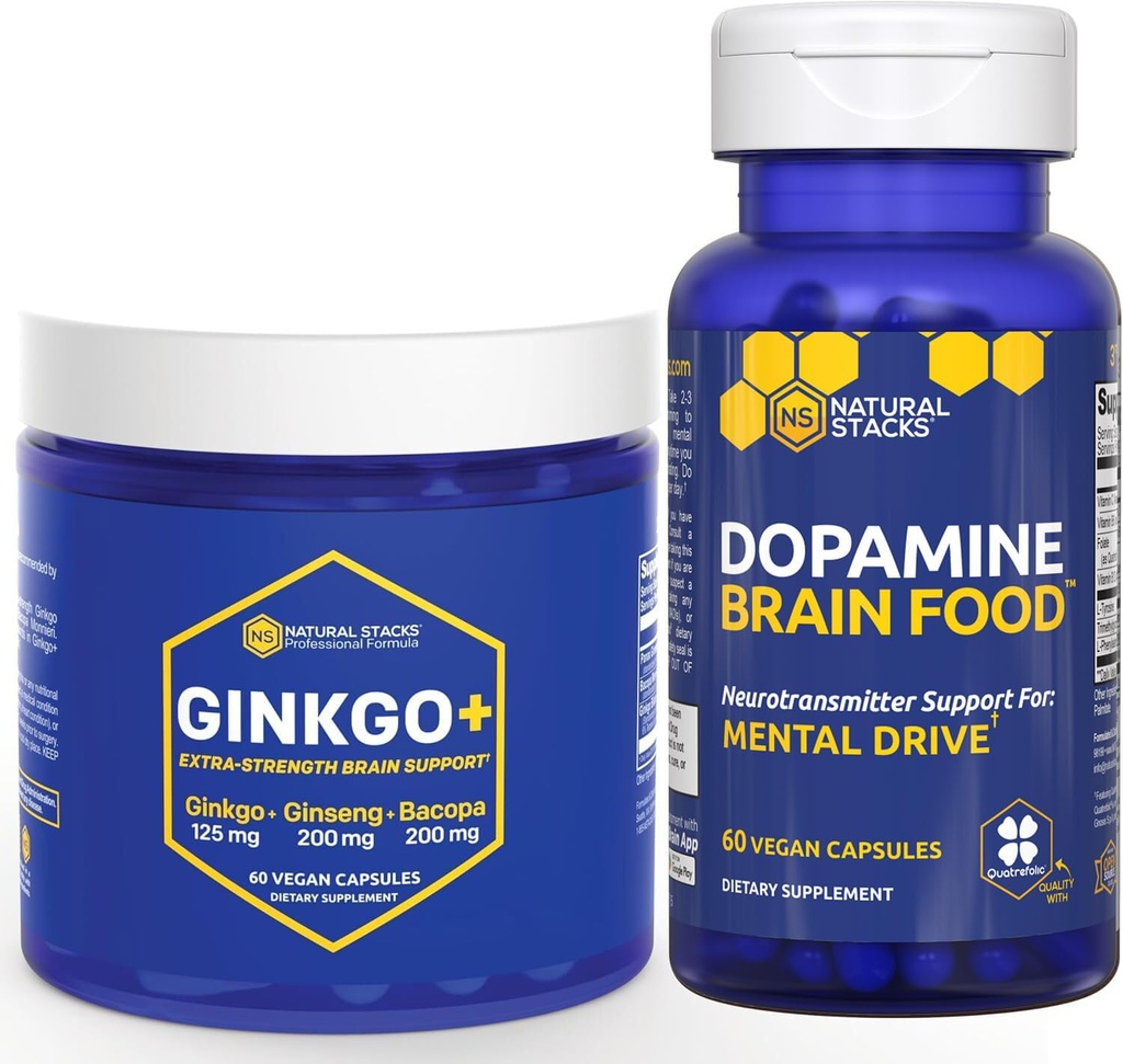 ESTAQUES NATURAIS Ginkgo Biloba + Dopamine Brain Food Bundle - Suportes Foco e Unidade Mental* - 120 Cápsulas Total
