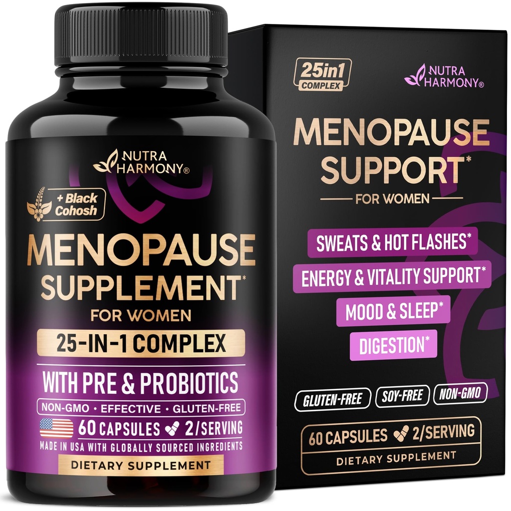 Suplementos Menopausa para Mulheres - Dong Quai, Preto Cohosh, Pre & Probióticos - Suor & Alívio de Flashes Quentes - Digestão, Sono e Apoio ao Mood - Complexo de Perimenopausa 25-in-1 - Made in USA - 60 Cápsulas