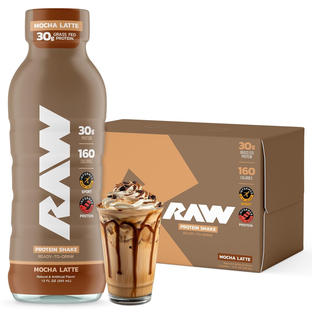 Shake de proteína pronto-a-bebida RAW, Mocha Latte - bebidas de proteína RTD com proteína de whey de forragem isolate para pós-treino - zero-açúcar e sem glúten de substituição de bebida e pequeno-almoço Shake, 12 Fl Oz