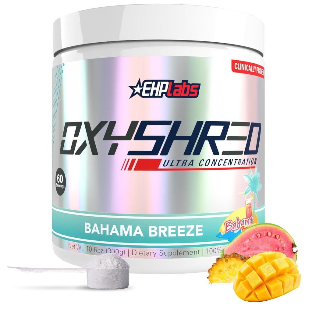 EHP Labs OxyShred pré-treino em pó - pré-treino em pó com L Glutamina e Acetil L Carnitina, Energia Boost Drink - Bahama Breeze/Beach, 60 Servings