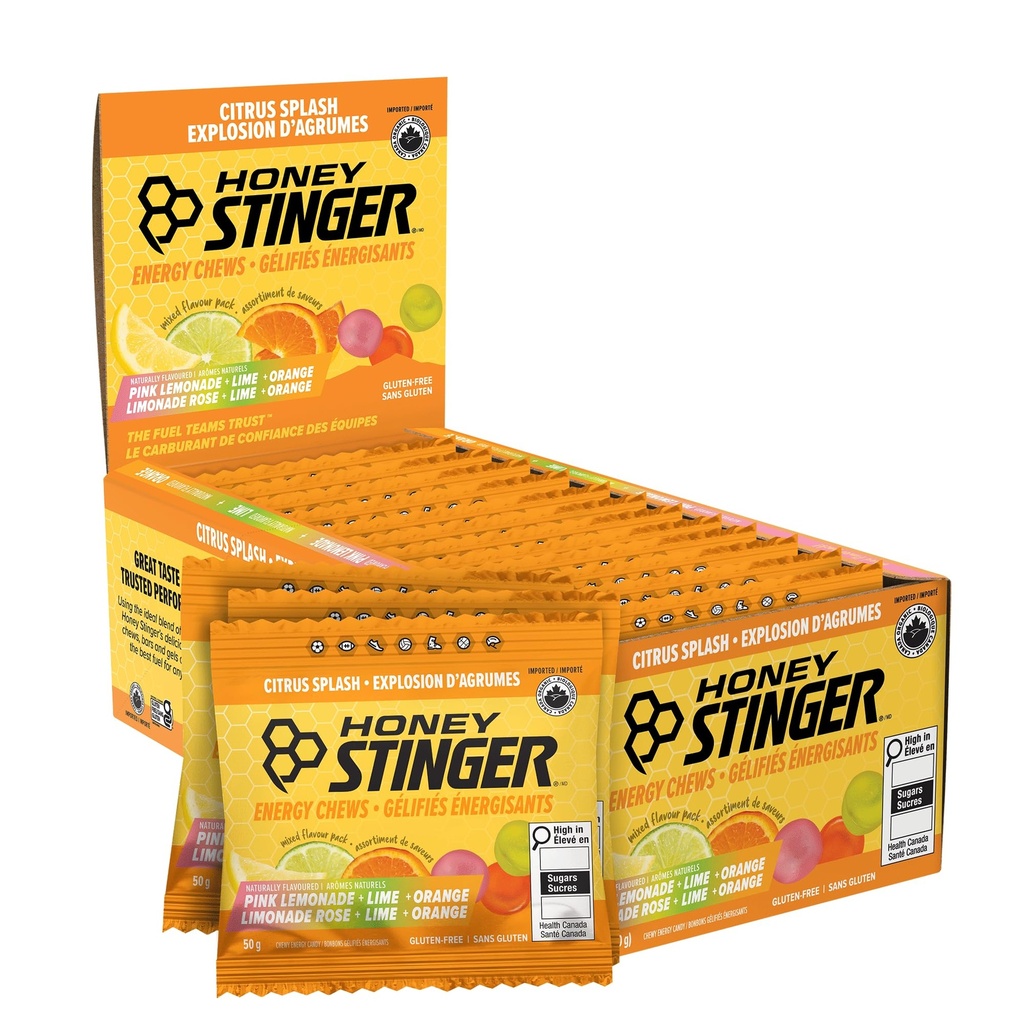 Honey Stinger Organic Citrus Splash Energy Chews, Gluten Free & Caffeine Free, para exercício, execução e desempenho, Nutrição Desportiva para Casa e Ginásio, Pré e Mid Workout, 21,6 Ounces (Pacote de 12)