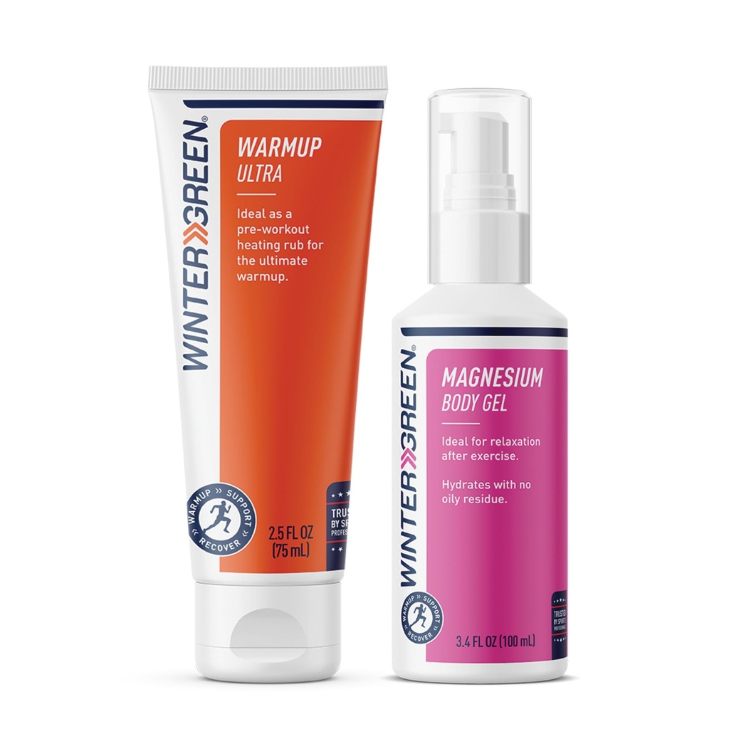 Pacote de treino de Wintergeen: Gel de magnésio e Loção de treino para pré-treino e pós-treino, Rub muscular para treino e Gel de magnésio para cãibras de pernas