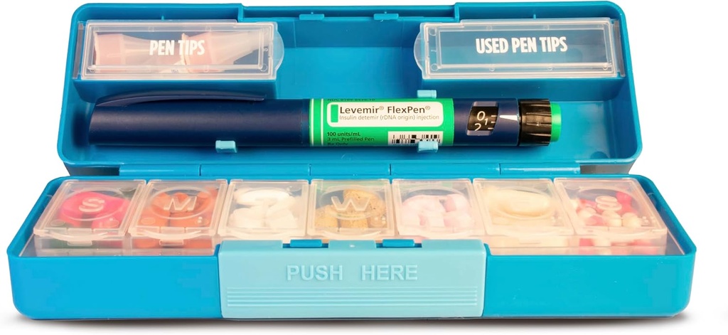GMS Group Medical Supply, LLC Diabetic Pen Case & 7 Day Medicine Organizer - Kit de viagem para suprimentos diabéticos - em um lembrete de Glance Medicine - mantém agulhas novas e usadas com segurança - pequeno e discreto