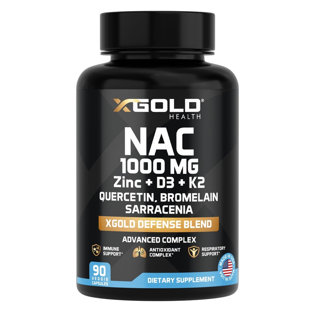 XGold Health NAC 1000 mg com Quercetin 95%, Bromelaína, Zinco, Vitamina C, D3 & K2 Imune Support & Suplemento Antioxidante Advanced Defense Blend 90 Cápsulas Veggie