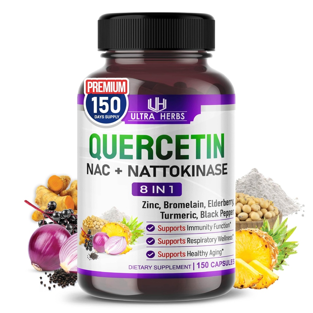 Quercetin Suplemento com Bromelaína, Vitamina C e Zinco, Nattokinase, NAC, Elderberry, Elderberry 8 em 1 Complexo Ultra Antioxidante para a Saúde Imune