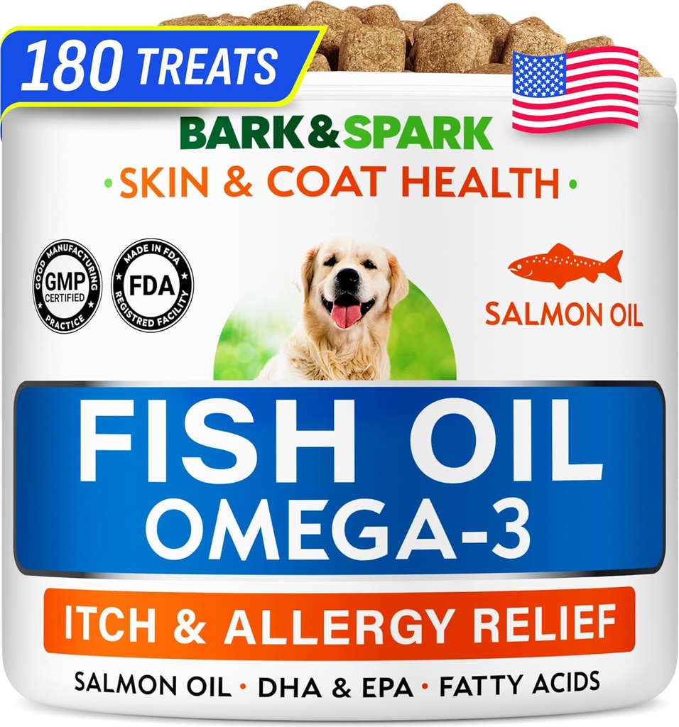 BARK & SPARK Omega 3 para cães - 180 Fish Oil Treats para Dog Shedding, Alergia da pele, Itch Relief, Hot Spots Tratamento - Saúde comum - Pele e casaco Suplemento - EPA & DHA ácidos gordos - óleo de salmão canino