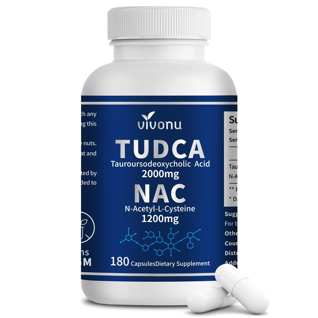 VivoNu TUDCA 2000mg + NAC 1200mg Suplemento Cápsulas Complexas, Poderoso TUDCA Bile Sal + N Acetil Cysteine, Suplementos Antioxidantes para Fígado & Lung & Gallbladder Cleanse, Digestion - 180 Cápsulas
