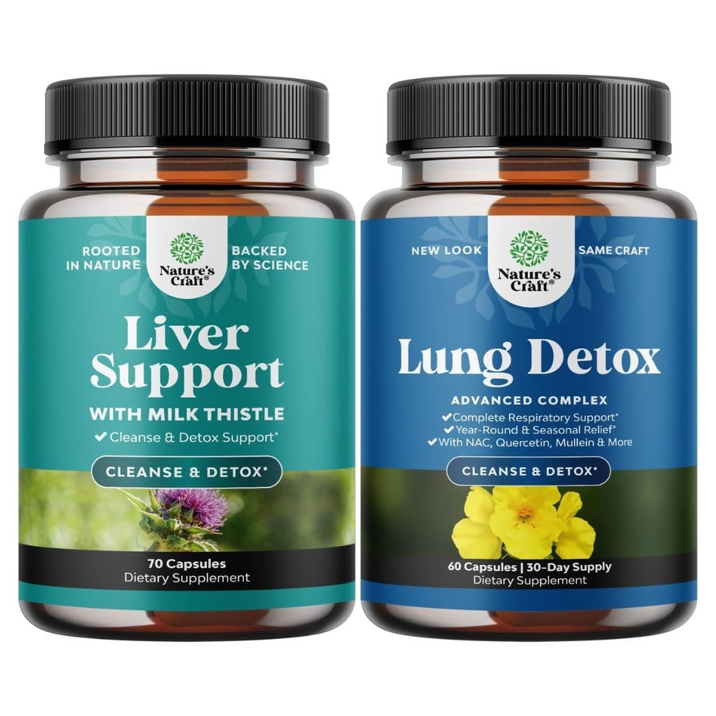 Pacote de Liver Cleanse Detox & Repair - Suplemento de Cardo de Leite para Digestão e Saúde Imune com Beterraba e Alcachofra e Lung Detox Mullein Leaf Cápsulas com NAC Quercetin & Cordyceps Extracts