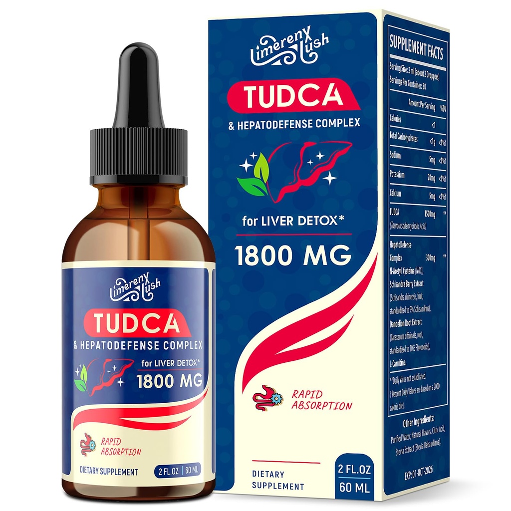 Suporte de fígado TUDCA gotas 1800mg - Suplemento de fígado poderoso com sales Bile, NAC, Schisandra e Dandelion, Detox de fígado e reparo - Absorção rápida, sem açúcar, livre de álcool – 2 Fl.Oz