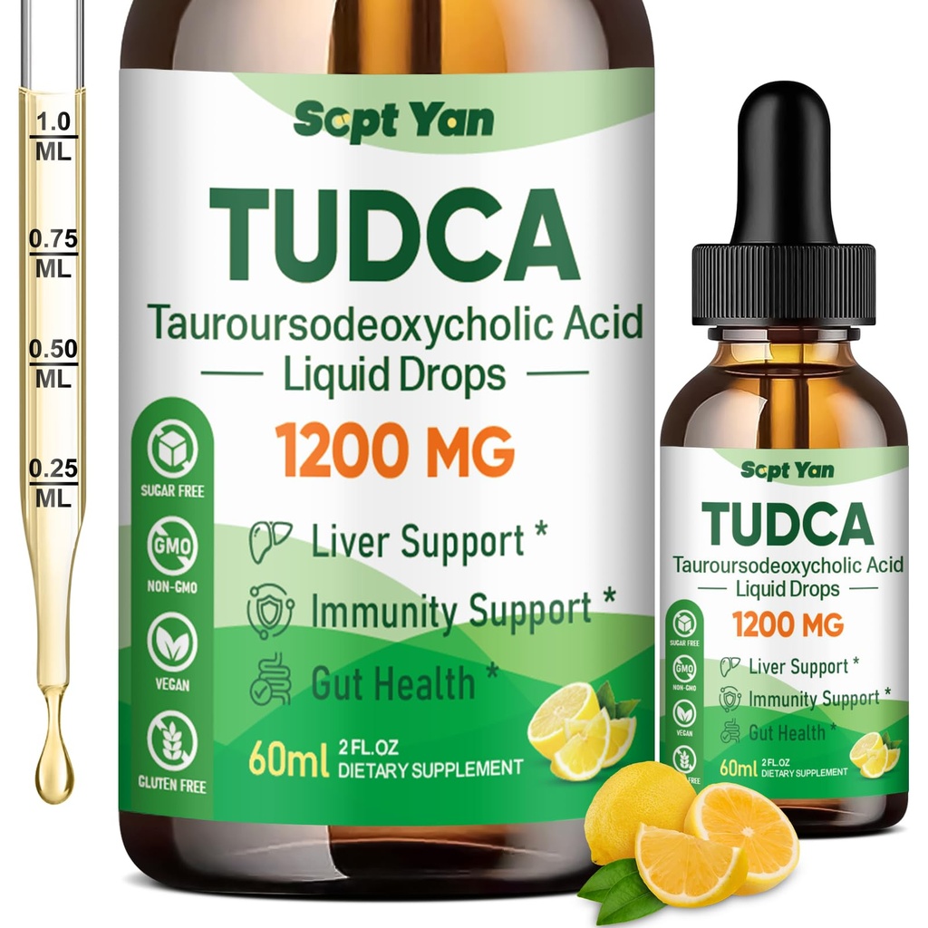 TUDCA Suplemento 1200mg Drops líquidos, Suplemento de fígado com TUDCA, NAC, Sementes de cardo de leite e dente de leão, para suporte ao fígado, e limpeza da vesícula biliar e reparo, Livre de açúcar, Vegan, Flavor de limão, 2 Fl Oz