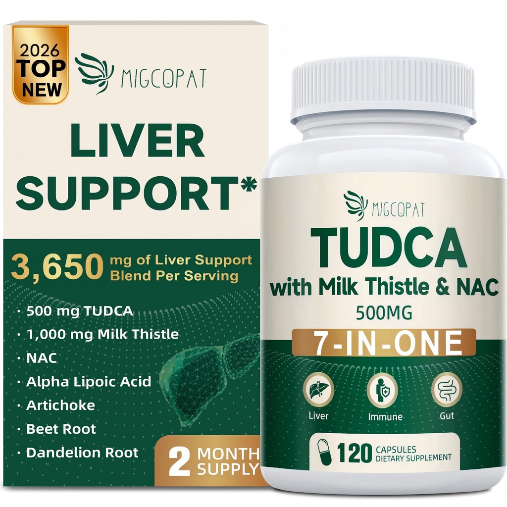 Migcopat 7-em-um TUDCA Suplemento, 3650mg com cardo de leite, NAC, ácido lipoico alfa, raiz de dente-de-leão, sales de bile TUDCA para desintoxicação de limpeza do fígado e reparação, fluxo de bile e suporte digestivo - 120 cápsulas