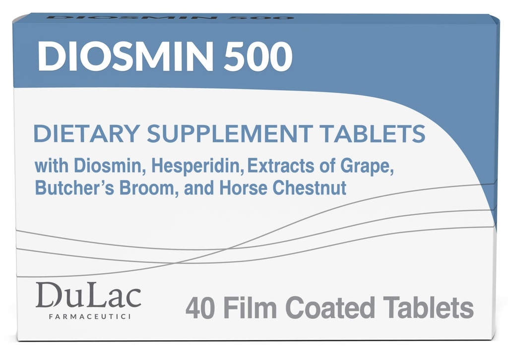 Dulac Diosmin 500, Micronized Diosmin Hesperidin Suplemento dietético 1000mg por porção, Extrato de Castanha de Cavalo, Butcher's Broom & Red Grape Extract, Leg Circulation Support, 40 Tablets, Made in Italy